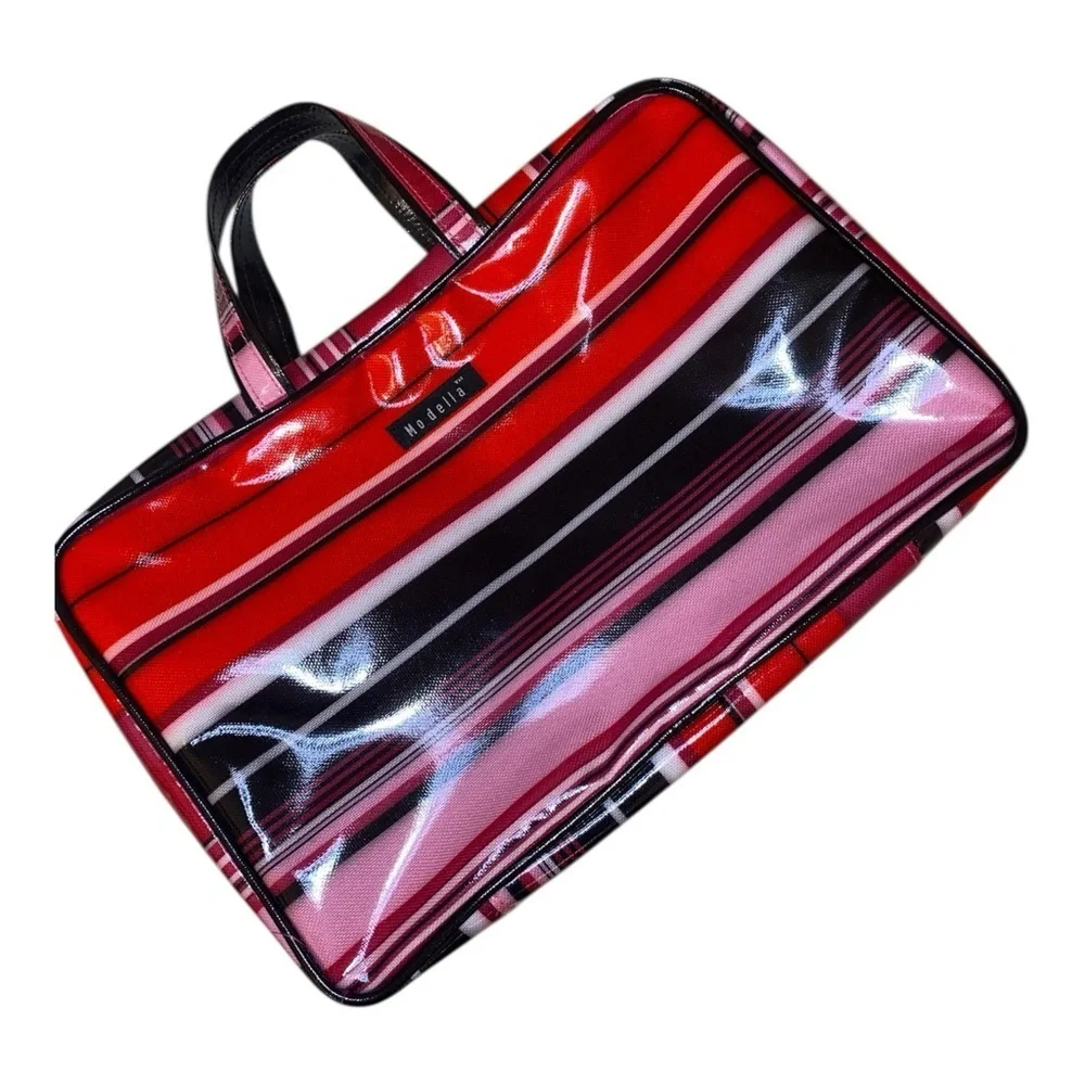 MODELLA Travel & Cosmetic Bag 4- Compartments Striped Pattern Pink/Red/Black